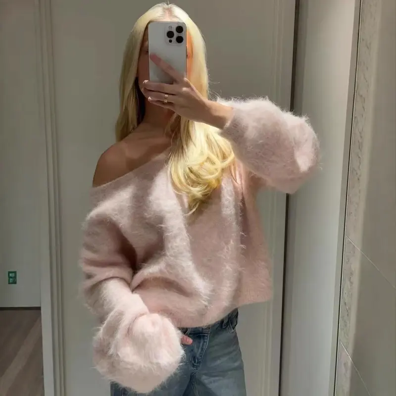 Damen Oversized Strickpullover mit weitem Boatneck, Raglanärmeln und weicher Fluffy-Optik Drune