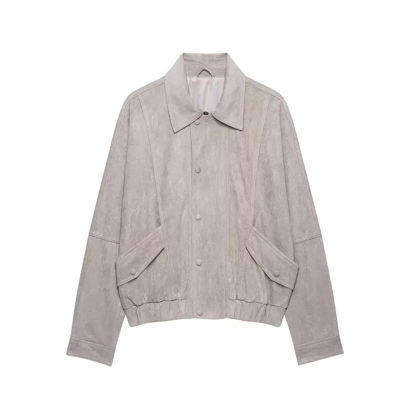 Damen Oversized Veloursleder‑Optik Bomberjacke mit Pattentaschen und elastischem Saum Drune