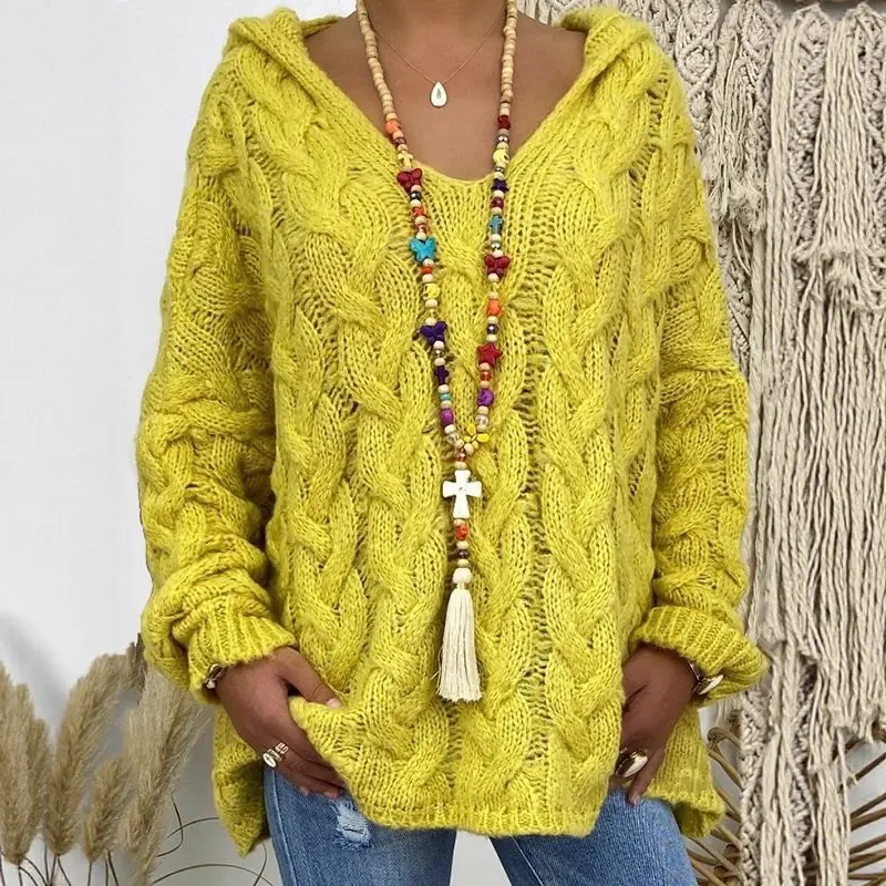 Damen Oversized Zopfmuster-Strickpullover mit Kapuze und lässigem V‑Ausschnitt Drune