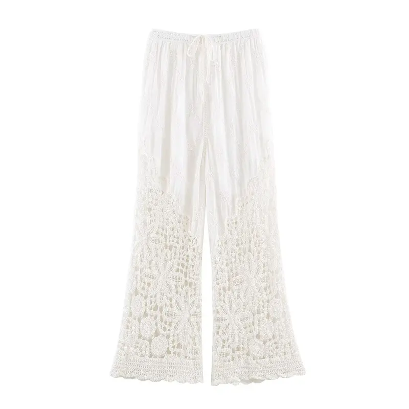 Damen Palazzo‑Hose mit gehäkeltem Spitzenbesatz und elastischem Bund Drune