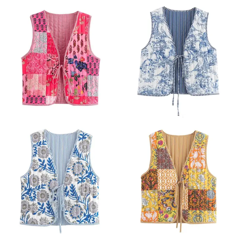 Damen Patchwork-Weste mit Bindeband und V-Ausschnitt Drune