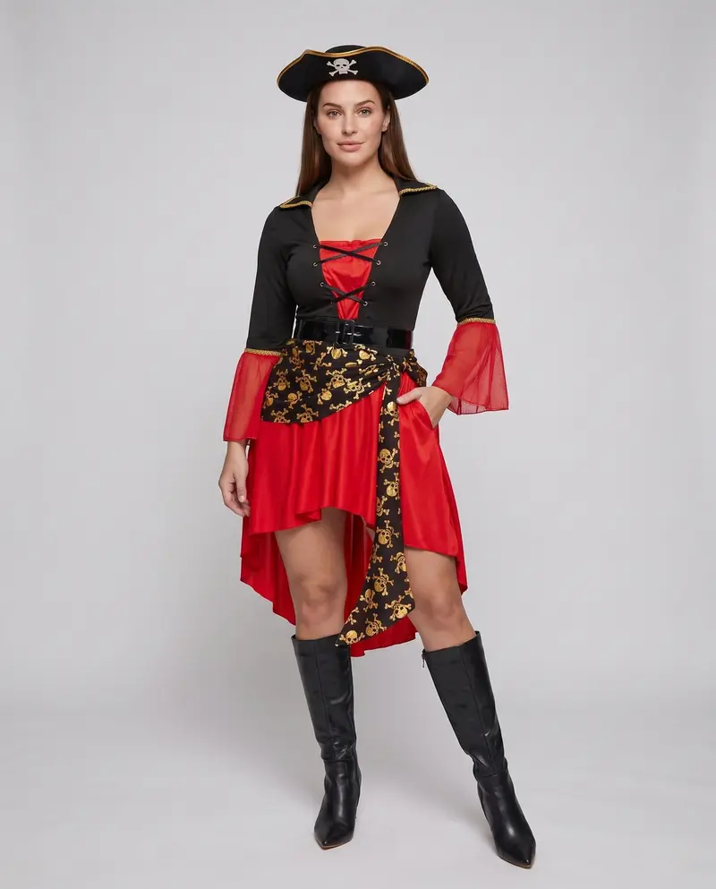 Damen Piratenkostüm mit verzierten Ärmeln und Hut Drune