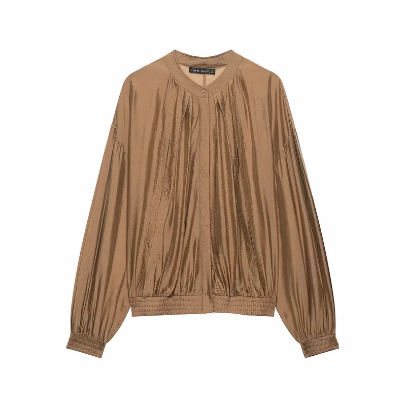 Damen Plissierte Satin-Cropped-Bluse mit Ballonärmeln und gerafftem Gummibund Drune