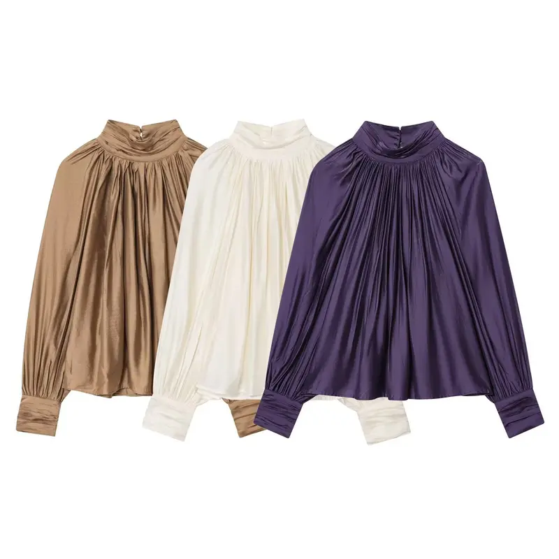 Damen Plissierte Satinbluse mit Stehkragen und Ballonärmeln Drune
