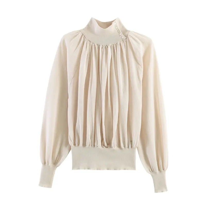Damen Plissierter Feinstrick-Pullover mit Stehkragen und Ballonärmeln Drune