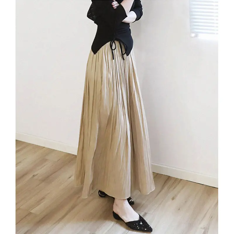 Damen plissierter Maxirock mit hoher Taille und fließendem Satinfall Drune