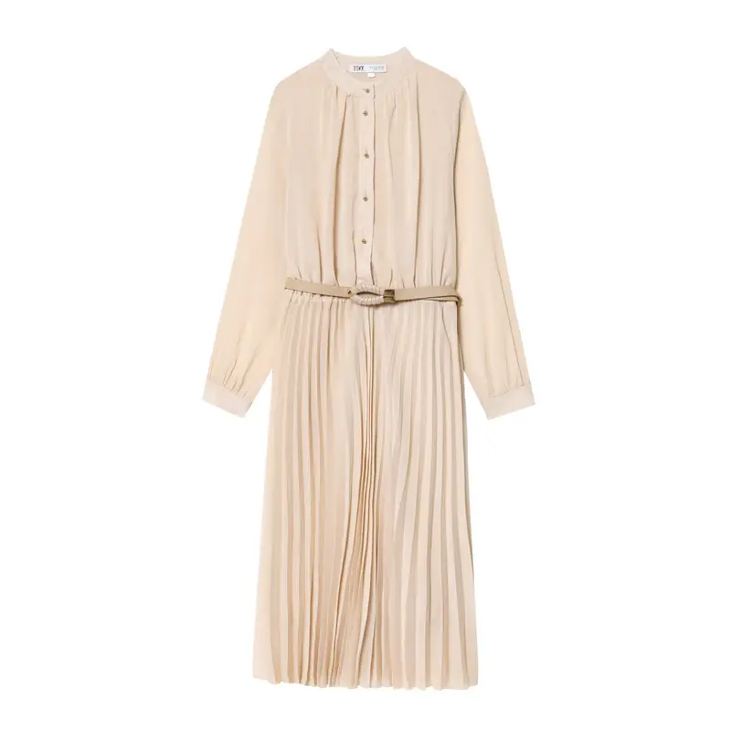 Damen Plissiertes Hemdblusenkleid mit Stehkragen, durchgehender Knopfleiste und Taillengürtel Drune