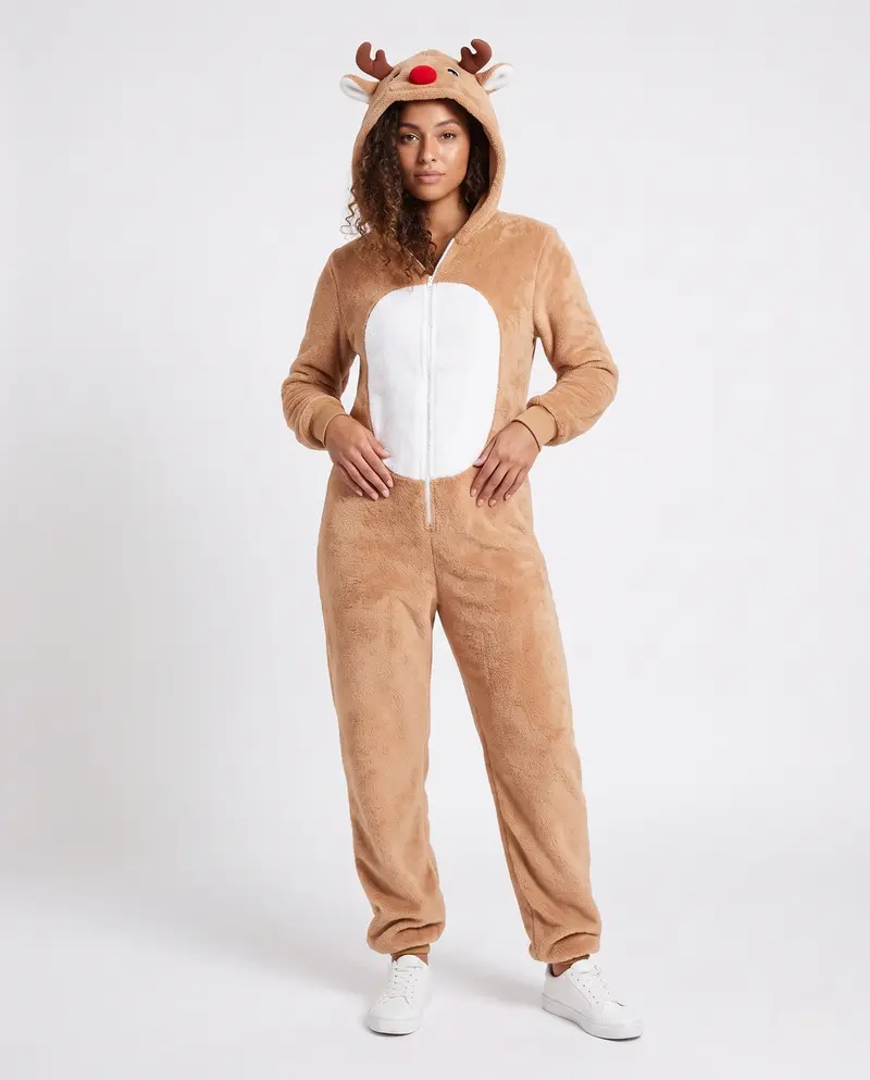 Damen Plüsch Rentier Overall mit Kapuze und tierischen Akzenten Drune