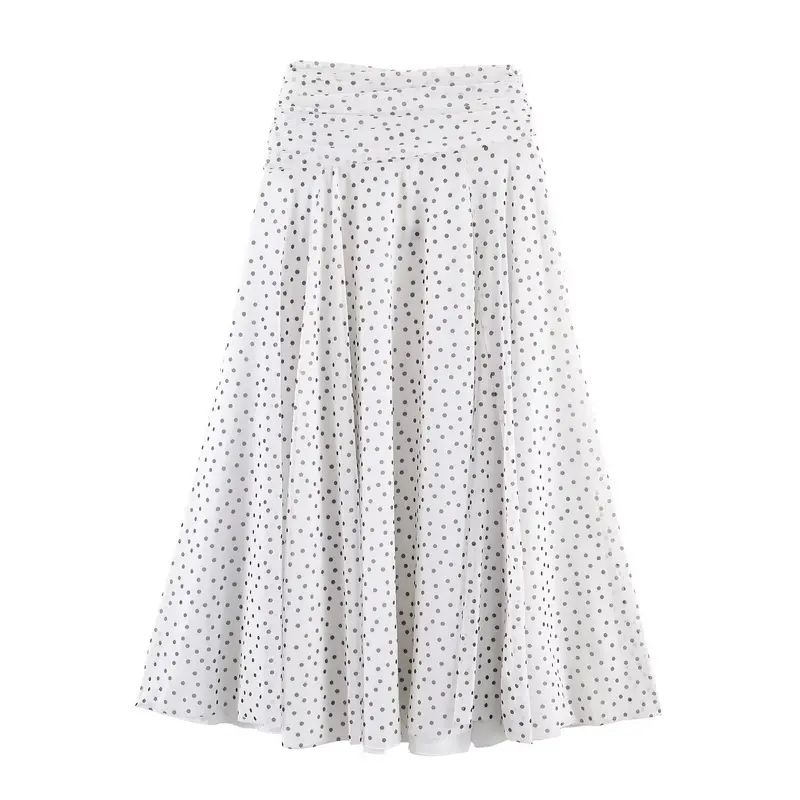 Damen Polka-Dot Midirock mit hohem Bund, A-Linie und mehrlagigem Chiffon Drune