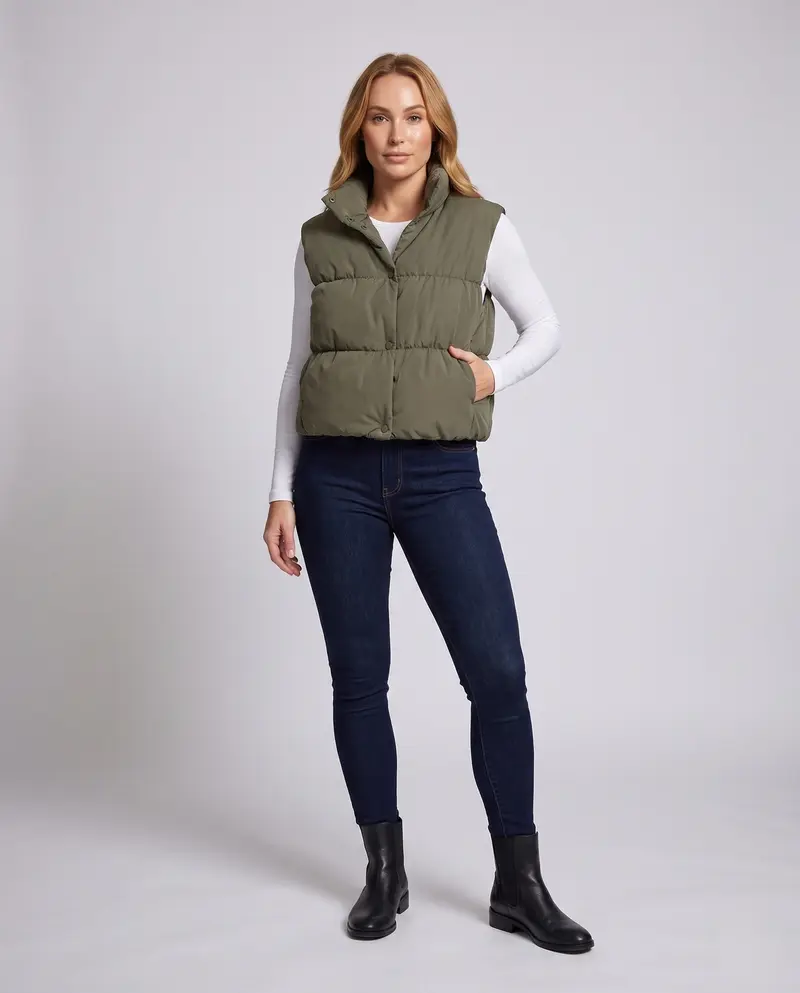 Damen Puffy-Isolationsweste mit quadratischer Konstruktion und hohem Stehkragen