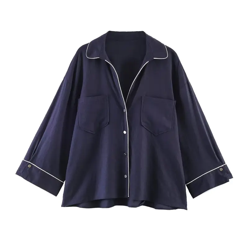 Damen Pyjama-inspirierte Oversize-Hemdbluse mit Kontrastpaspel und Brusttaschen Drune