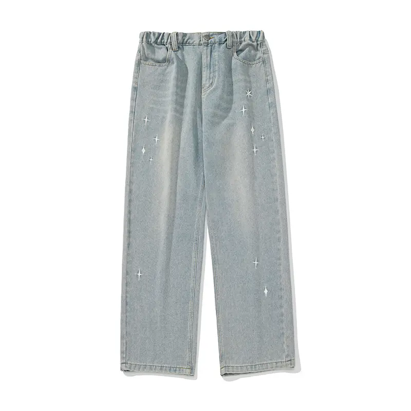 Damen Relaxed-Fit Paperbag-Denimhose mit Gummibund, geradem Bein und Stern-Applikationen Drune