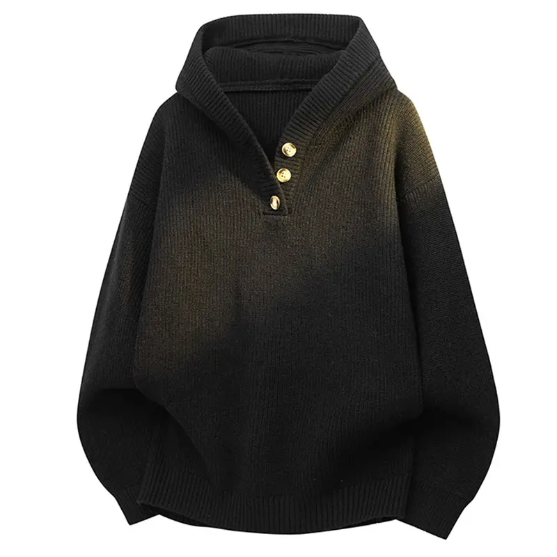 Damen Relaxed Kapuzenpullover aus geripptem Strick mit Halbsteg-Knopfleiste Drune