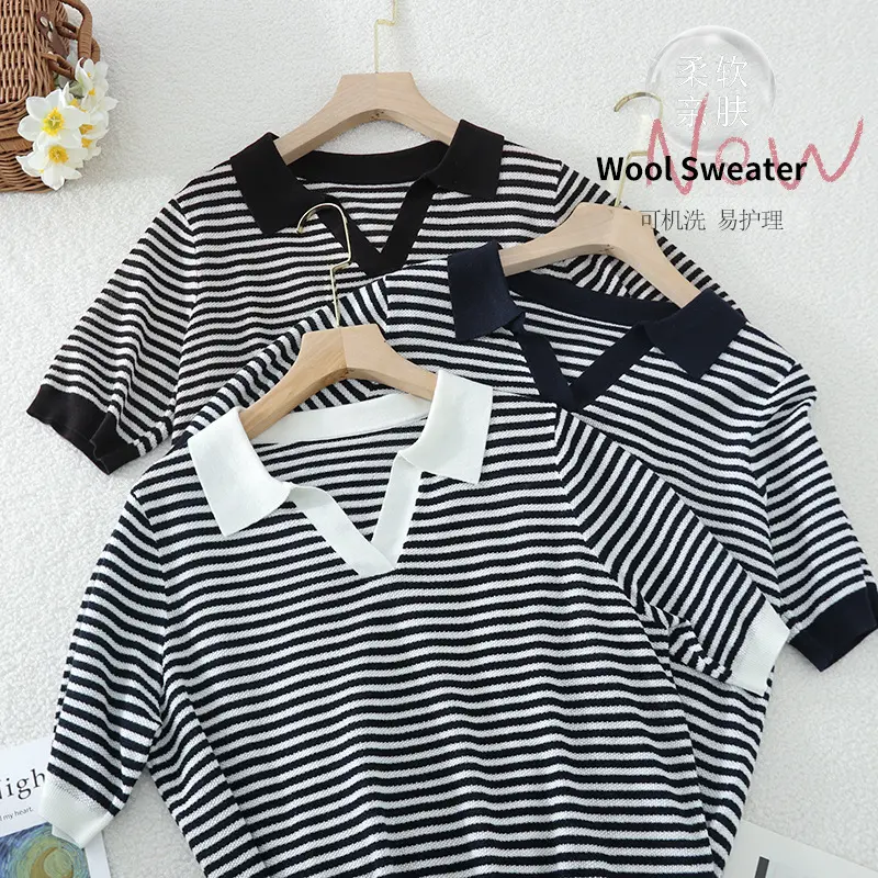Damen Ringel-Polo-Feinstrickshirt mit offenem V-Schlitz und kontrastierendem Kragen Drune