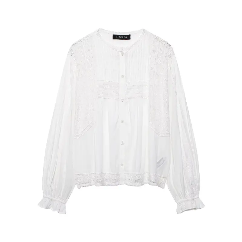 Damen Romantische Spitzenbluse mit Plisseefront, Spitzenpanelen und Ballonärmeln Drune