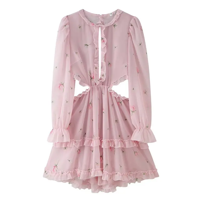 Damen Romantisches Chiffon-Minikleid mit Cut-Out-Seiten, Rüschenbesatz und Volantstufen Drune