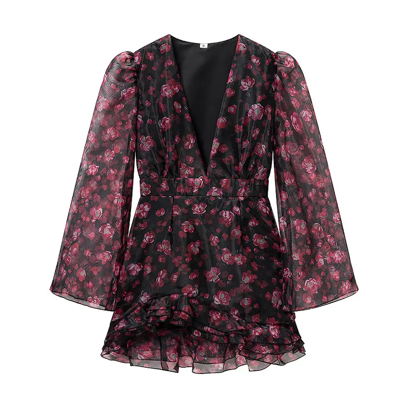 Damen Romantisches Chiffon‑Minikleid mit tiefem V‑Ausschnitt, Volantstufen und Trompetenärmeln Drune