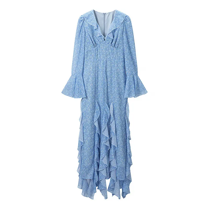 Damen Romantisches Stufen-Rüschen-Maxikleid mit V-Ausschnitt und Glockenärmeln Drune
