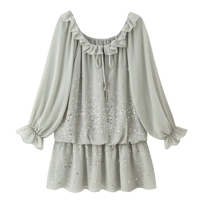 Damen Romantisches Volant‑Chiffon‑Minikleid mit Paillettenbesatz Drune