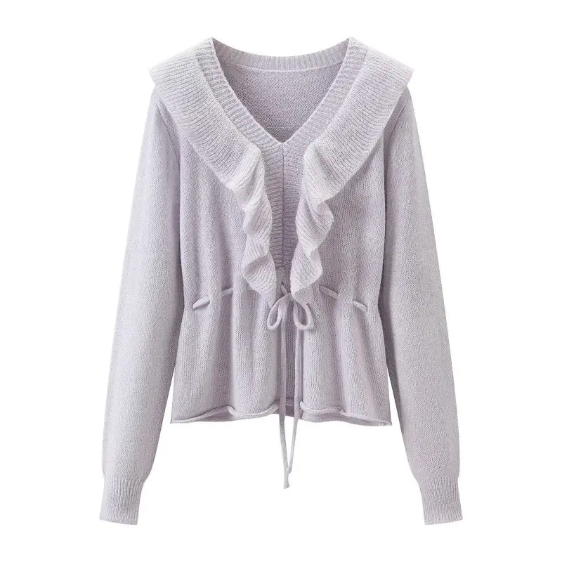 Damen Rüschen-Strickcardigan mit V‑Ausschnitt und Tunnelzugtaillierung Drune