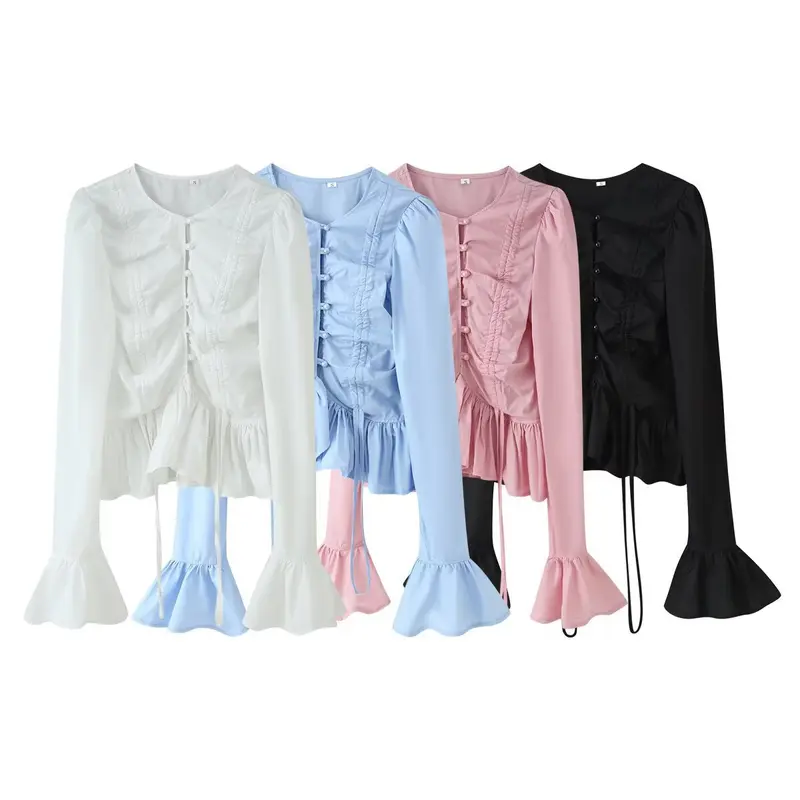 Damen Rüschenbluse mit Kordelzug, Volant-Saum und Glockenärmeln Drune