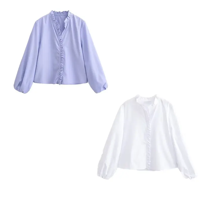 Damen Rüschenbluse mit V-Ausschnitt und Ballonärmeln Drune