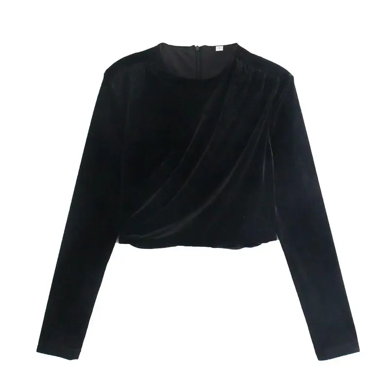 Damen Samt-Cropped-Bluse mit Drapierung und Rundhalsausschnitt Drune