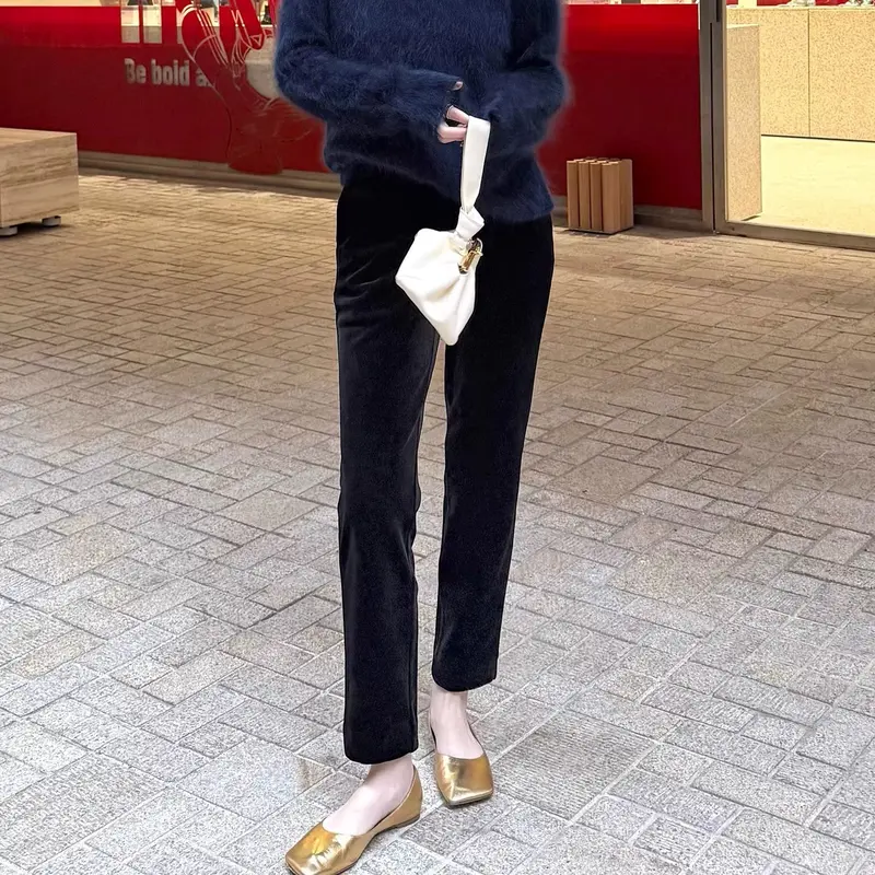 Damen Samt-Hose mit geradem Bein und hoher Taille Drune