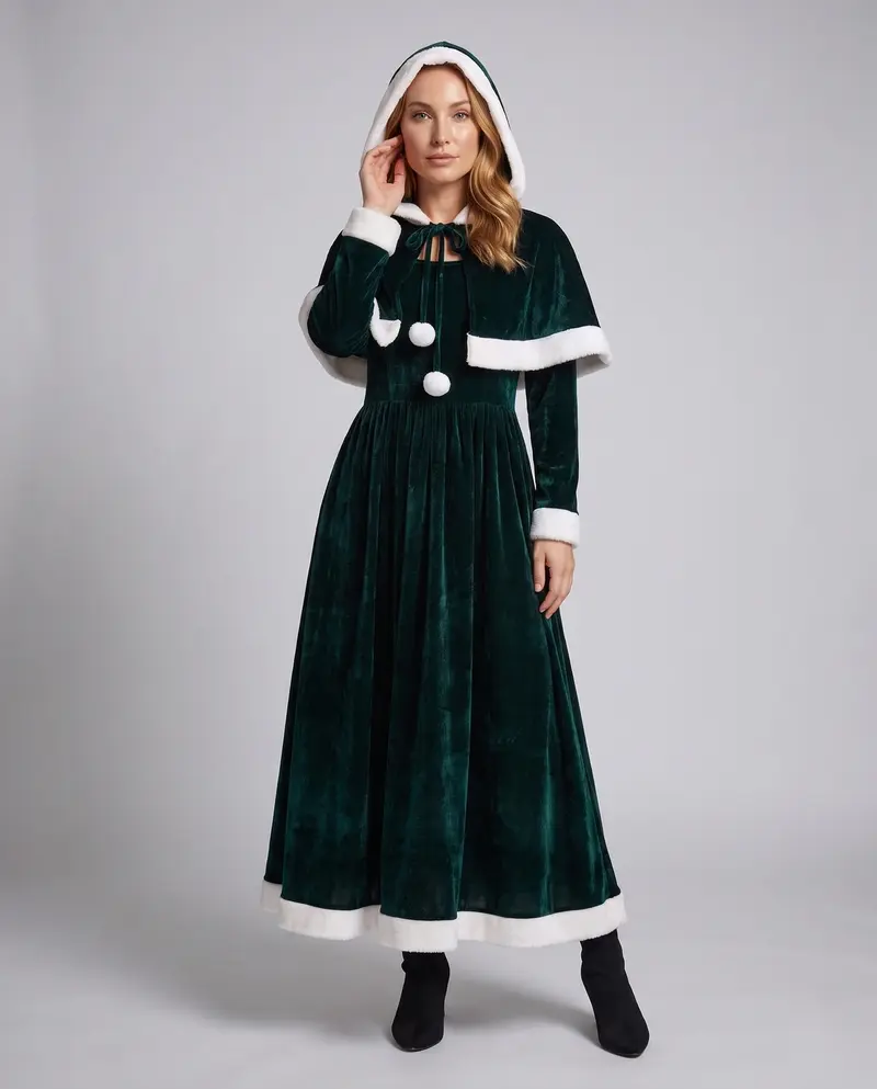 Damen Samt Weihnachtskleid mit Kapuze und eleganten Details Drune