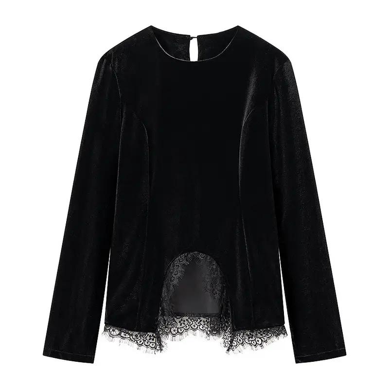 Damen Samtshirt mit asymmetrischem Spitzen-Saum und Schlitzdetail Drune