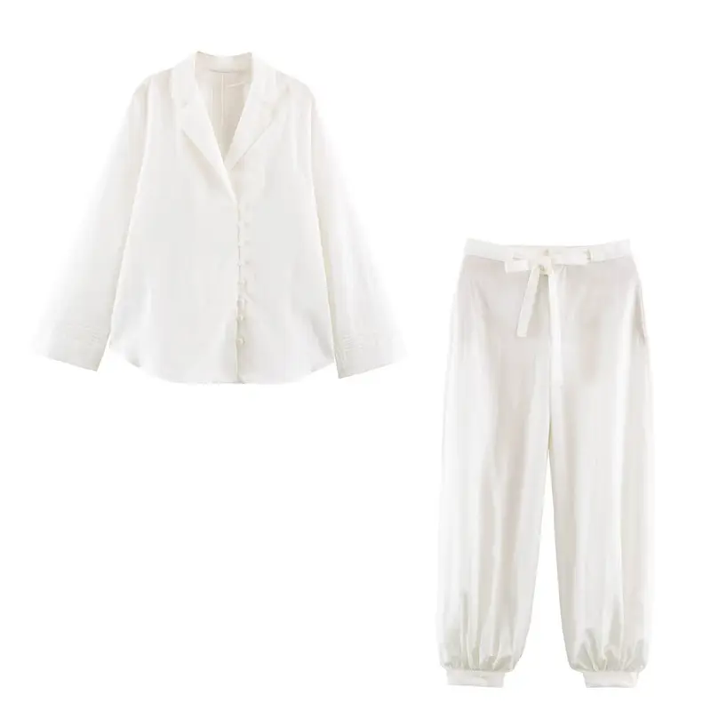 Damen Satin-Lounge-Zweiteiler mit Reversbluse und Highwaist-Joggerhose Drune