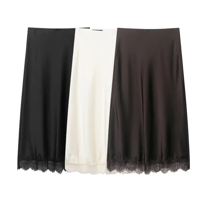 Damen Satin-Midirock mit ausgestellter A‑Linie und Spitzenbesatz Drune