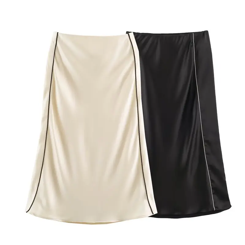 Damen Satin-Midirock mit seitlicher Überlappung und Kontrastpaspel Drune