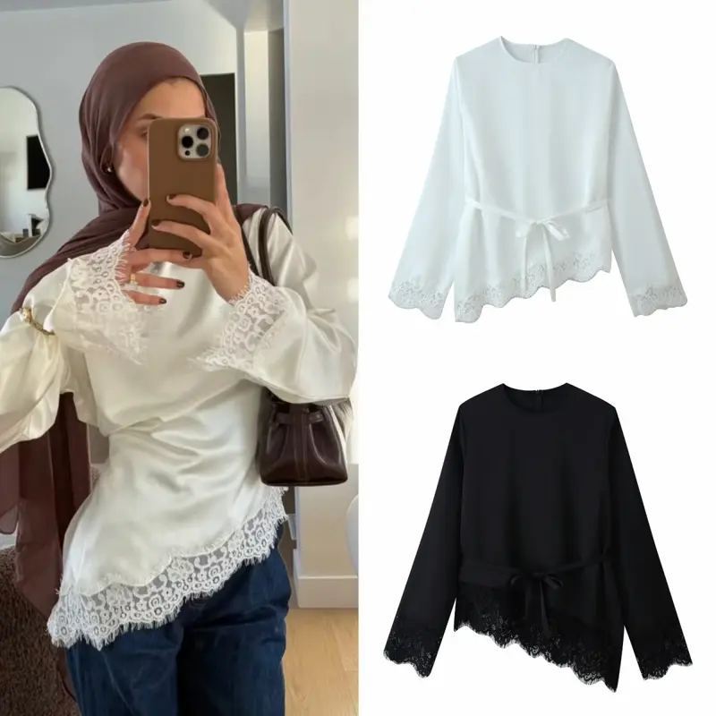 Damen Satinbluse mit Spitzenbesatz, Scallop-Saum und weitem Ärmel Drune