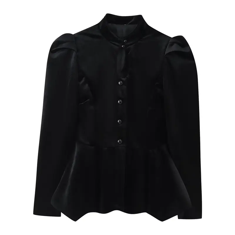 Damen Satinbluse mit Stehkragen, Puffärmeln und Peplum-Details Drune