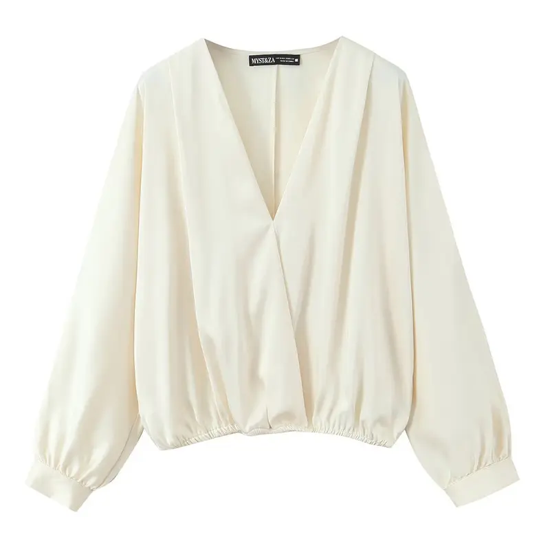 Damen Satinbluse mit tiefem Wickel-V-Ausschnitt, elastischem Saum und Ballonärmeln Drune