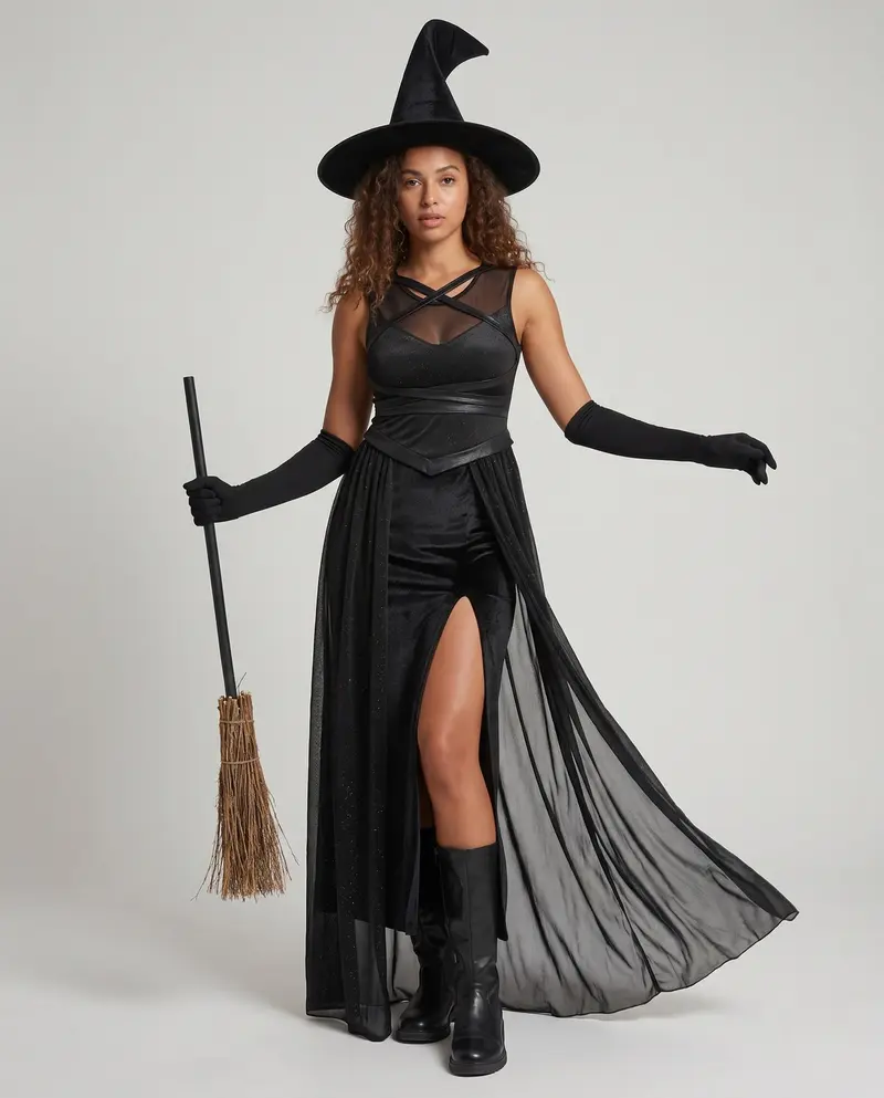 Damen schickes Hexenkleid mit langen transparenten Ärmeln Drune