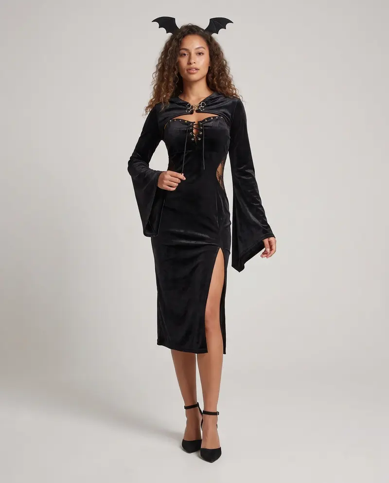 Damen Schickes Midikleid mit Kapuze und weiten Ärmeln Drune