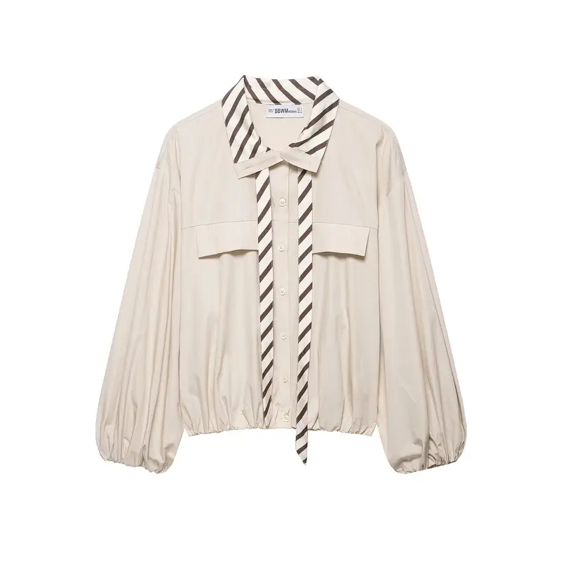 Damen Schluppenbluse im Cropped‑Boxy‑Schnitt mit Ballonärmeln und kontrastierter Schluppenblende Drune