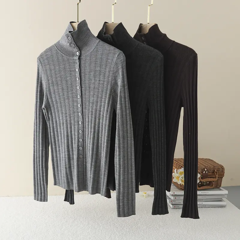 Damen Schmaler Rippen-Longsleeve-Cardigan mit verdeckter Knopfleiste und Stehkragen Drune