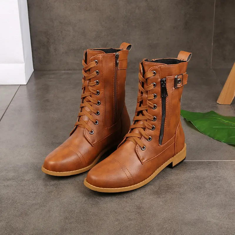 Damen Schnürstiefel mit seitlichem Reißverschluss und Zier-Riemen knöchelhoch Vintage-Bikerstiefel Drune