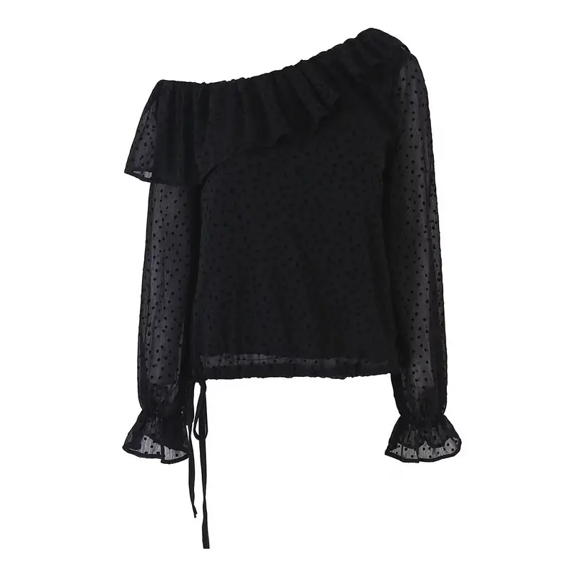 Damen Schulterfreie Chiffonbluse mit Volantkragen und transparenten Puffärmeln Drune