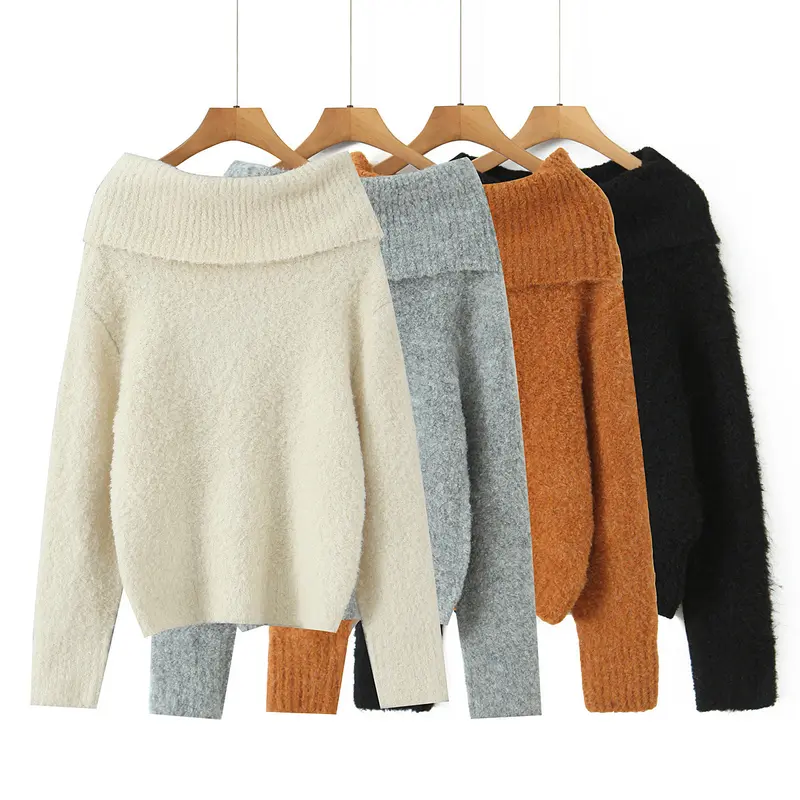 Damen Schulterfreier Oversized-Strickpullover mit weitem Umschlagkragen und voluminösen Ärmeln Drune