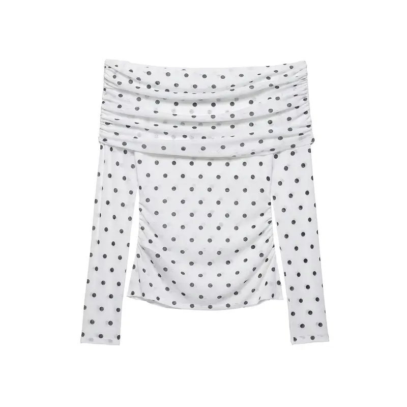Damen Schulterfreies Langarm-Top mit Wasserfallkragen und Polka-Dot-Print Drune