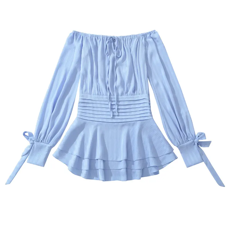 Damen Schulterfreies Off-Shoulder-Blusen- und Plissee-Minirock-Set aus Leichtstoff Drune