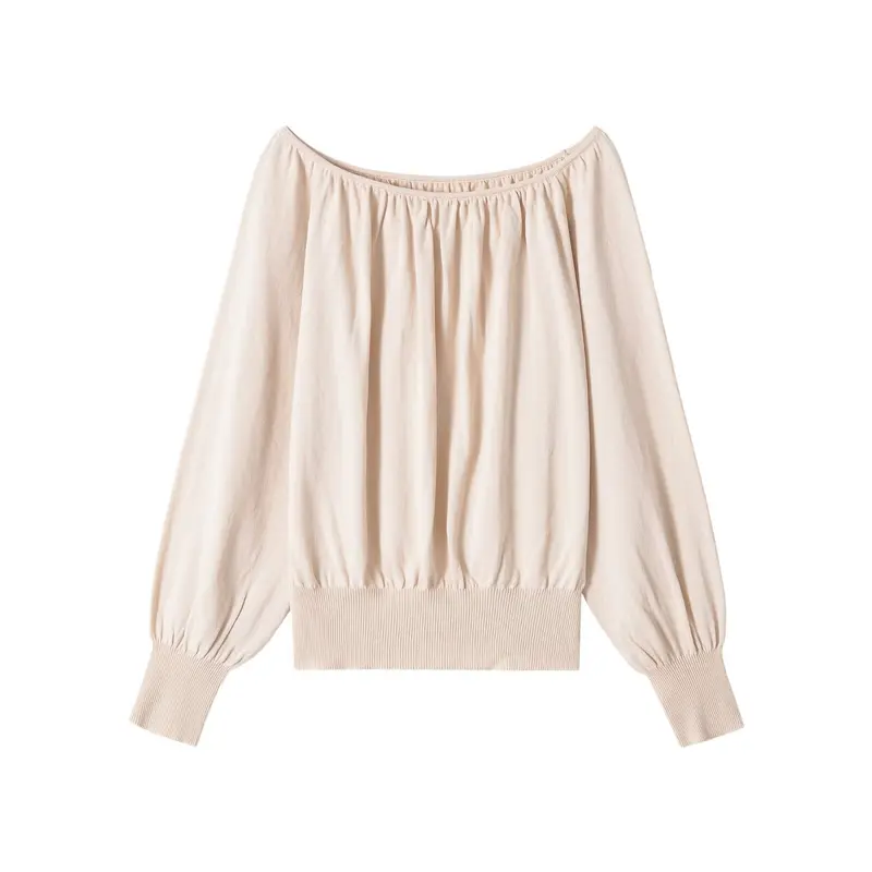 Damen Schulterfreies Oversize-Top mit gerafftem Ausschnitt, Ballonärmeln und breitem Rippbündchen Drune