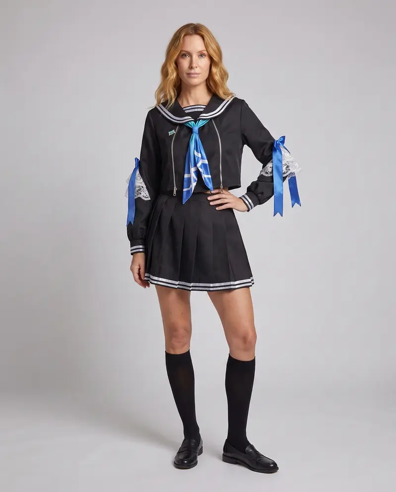 Damen Schuluniform Kostüm-Set mit Bluse, Rock und Halstuch Drune