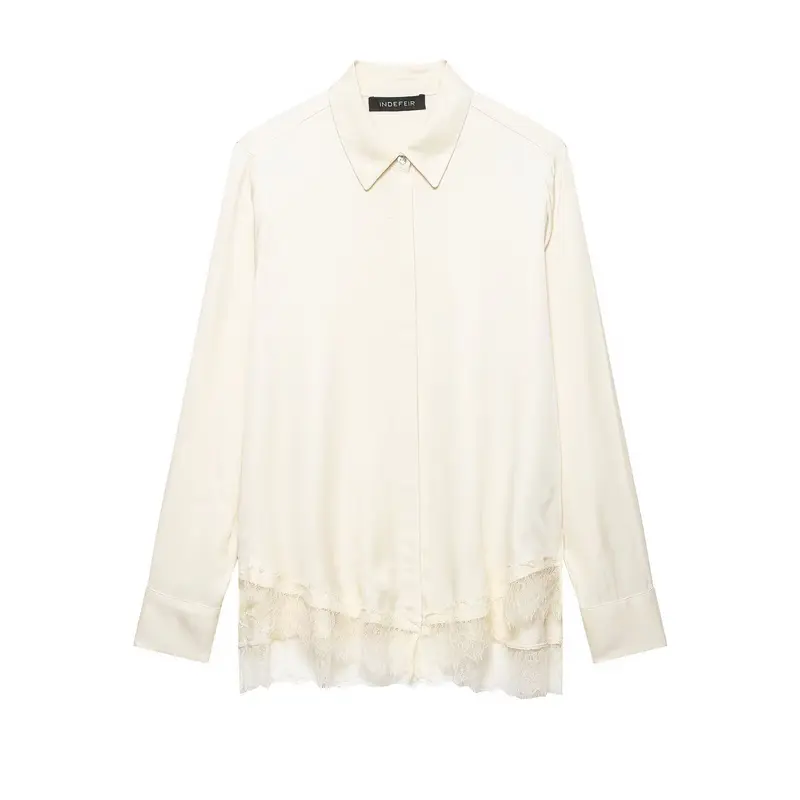 Damen Seidenähnliche Bluse mit verdeckter Knopfleiste und Spitzenbesatz Drune