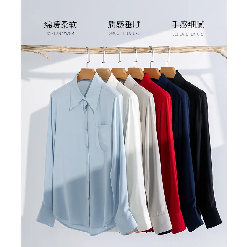 Damen seidenähnliche Oversize-Bluse mit spitzem Hemdkragen und Brusttasche Drune