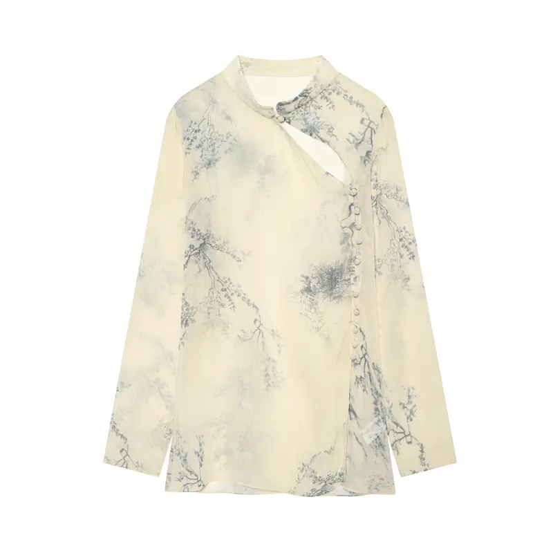 Damen Seidenbluse im Kimono‑Stil mit Mandarinkragen und dekorativer Knotenknopfleiste Drune